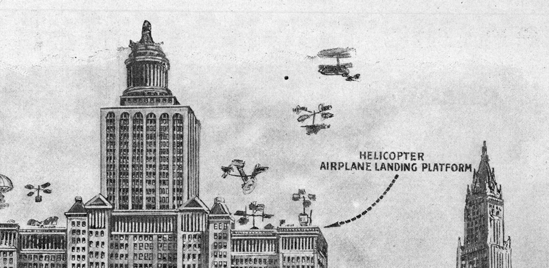 Detail of a 1923 illustration showing the skyscraper of tomorrow (Science and Invention)